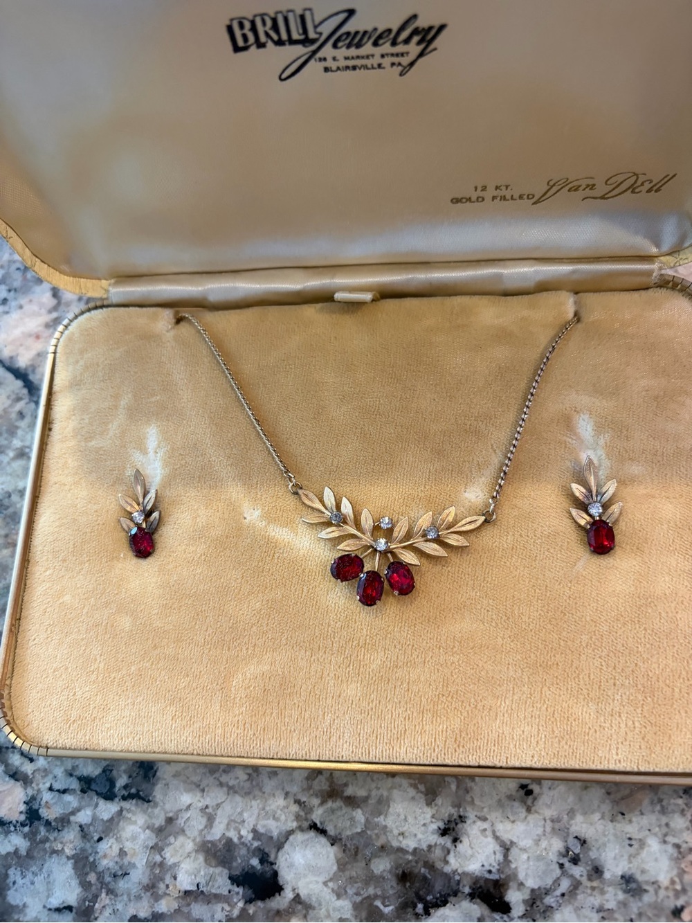 Vintage Gold-Filled Red Crystal Leaf Necklace & Earring Set